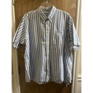 Vintage Harbor Bay Men's Blue White Striped Short Sleeve Button Up Shirt Cotton